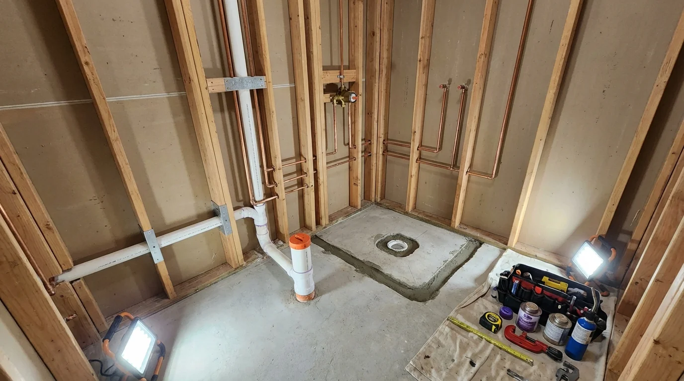Bathroom rough-in plumbing during remodel by Johns Plumbing LLC in Carbondale