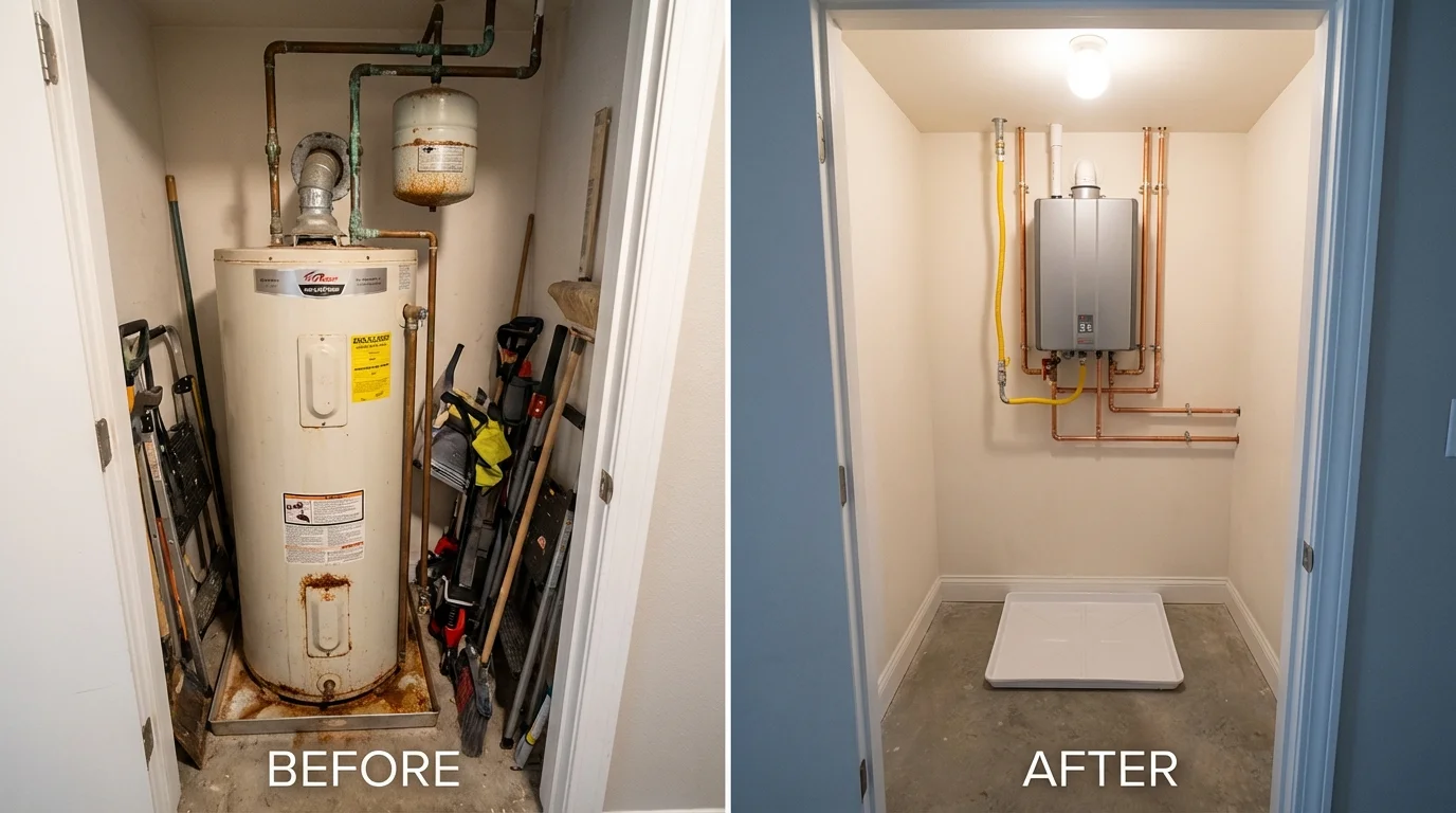 Tank water heater versus wall-mounted tankless unit comparison for Carbondale, KS homeowners
