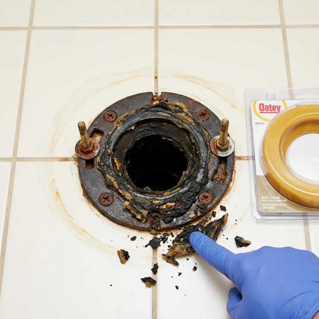 Failed wax ring showing water seepage at the base of a toilet in a Carbondale, KS home