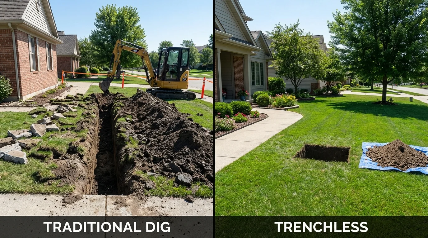 Trenchless sewer repair with minimal yard damage versus traditional excavation in Carbondale, KS