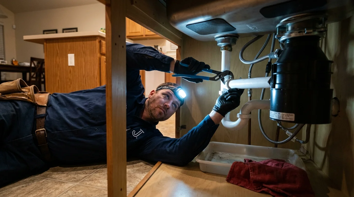 P-trap and supply line connections under a kitchen sink showing a common leak point in Carbondale, KS